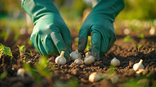 Detailed shot of green-gloved hands setting garlic in sunlit soil