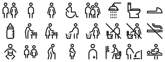 Toilet line icon set. WC outline sign. Man, woman, shower symbol. Restroom for male, female, disabled pictograms. No smoking, do not throw trash in toilet bowl. Editable stroke. Vector graphics