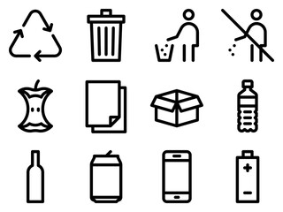 Recycling line icon set. Waste sorting outline signs. Editable stroke. Vector graphics