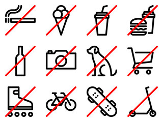 Set of prohibition line signs. No smoking, food, drinks, alcohol, photo, dog, shopping cart, roller skates, bicycle, skateboard, kick scooter outline icons. Editable stroke. Vector graphics