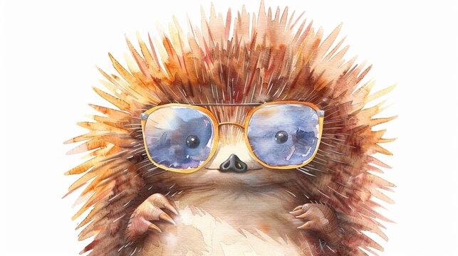 Portrait of a funny echidna wearing sunglasses. The animal is drawn in watercolor drawing style. Illustration for cover, postcard, greeting card, postcard, interior design, decor or print..