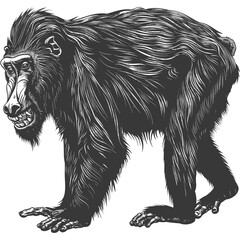Obraz premium Engraved Baboon: Grinning Primate, Detailed Illustration, Wildlife Art.