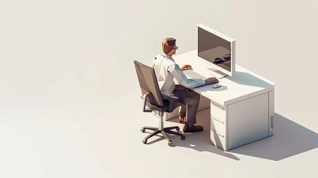 A man is working sitting at a desk in front of a computer monitor. Programmer, trader, designer or other specialist at work. He is focused on his work. Illustration for varied design.
