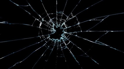 Broken glass on a dark background. After the impact, the glass surface has cracks diverging from the point of impact or bullet hit. The concept of destruction, vulnerability and fragility of existence