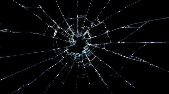 Broken glass on a dark background. After the impact, the glass surface has cracks diverging from the point of impact or bullet hit. The concept of destruction, vulnerability and fragility of existence