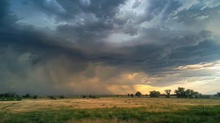 Fototapeta premium Pre-storm sky with dark, threatening clouds and dramatic light breaking through, casting intense shadows
