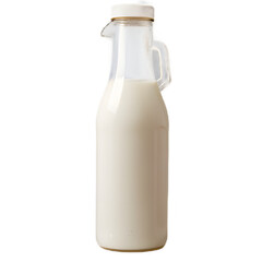A clear, glass milk bottle filled with fresh milk