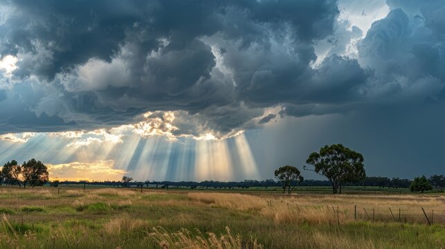 Pre-storm sky with dark, threatening clouds and dramatic light breaking through, casting intense shadows