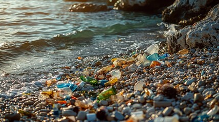 Coastal pollution with colorful trash strewn over sunlit rocky shore