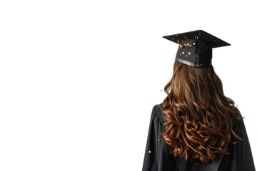 Graduate in cap and gown with decorated hair facing away, signifying education achievement and celebration against a black background.
