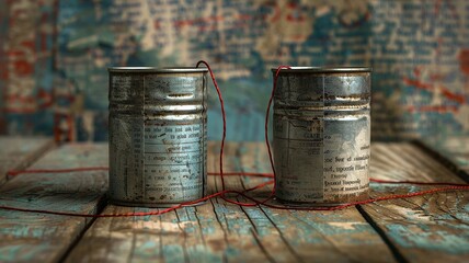 Fototapeta premium Retro communication concept with two tin cans connected by red string