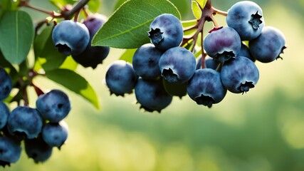 Fototapeta premium Blueberries cluster macro lush greenery soft-focus bokeh blurred backdrop
