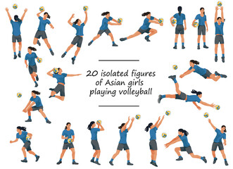 20 figures of Asian women's volleyball team players in blue T-shirts training, running, jumping, throwing, hitting the ball