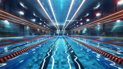 Indoor Olympic swimming pool with clear blue water and racing lanes