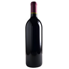 A sleek, dark glass wine bottle filled with red wine