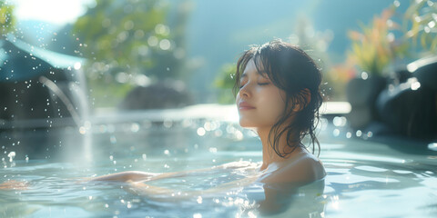 Obraz premium のんびりと山間の露天風呂に入る若い女性