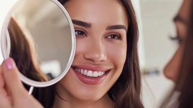 Woman Admiring Cheek Fillers Result in Modern Clinic Room - Cosmetic Treatment Satisfaction