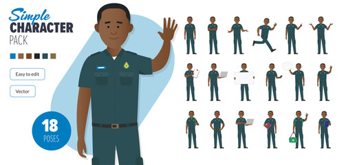 Simple flat male paramedic first responder vector character in a set of multiple poses. Easy to edit and isolated on a white background. Modern trendy style character mega pack with lots of poses.