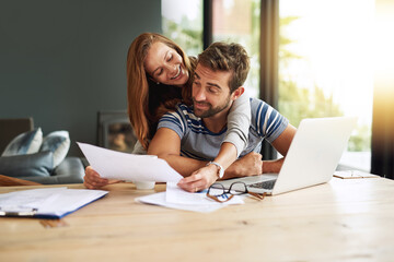 Obraz premium Documents, finance and laptop with happy couple in home together for bank investment or savings. Accounting, budget or computer with smile of man and woman in apartment for money or tax planning