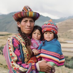 a woman and two children in traditional clothing