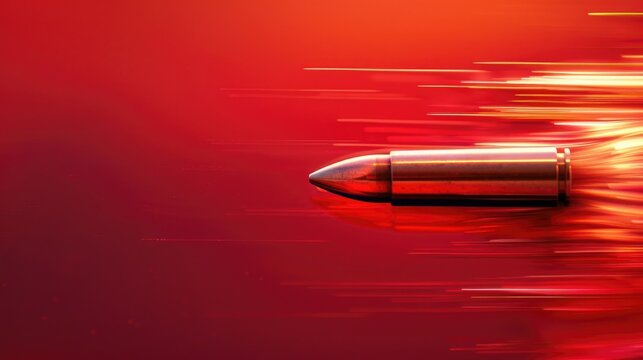 Bullet in motion on red background close up photo with empty area