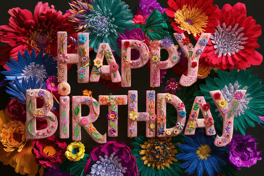 Happy Birthday text with colorful embroidered and  handmade fabric flowers. Boho style. 