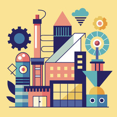 A stylized illustration depicting a futuristic factory with geometric shapes and vibrant colors, A design that captures the essence of manufacturing through minimalism
