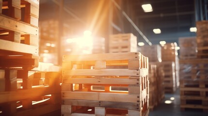 Pallets of goods, foreground focus, warehouse blur, noon light, technology style, close up.