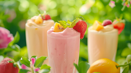 Refreshing fruit smoothies topped with whipped cream and garnished with strawberries and kiwi, set against a vibrant green backdrop.