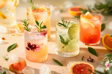 A variety of refreshing cocktails adorned with fresh herbs and citrus slices, presented on a warmly lit table with a soft background.