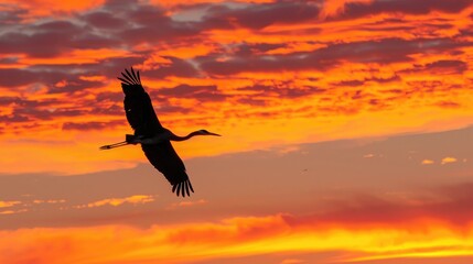 Sunset Sky Panorama Featuring A Crane in Flight
