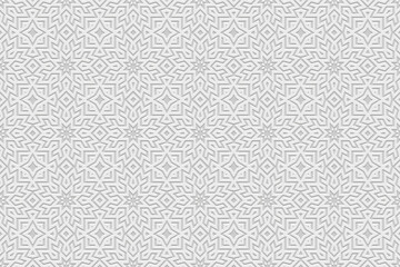 Embossed white background, cover design, banner. Geometric artistic 3D pattern. Tribal designs, arabesques, handmade. Ethnic style of the East, Asia, India, Mexico, Aztec, Peru.