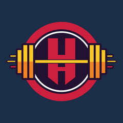 Obraz premium A simple digital illustration of a barbell with a letter H in the center, surrounded by a red circle, A digital illustration showcasing the minimalist aesthetic of a gym logo