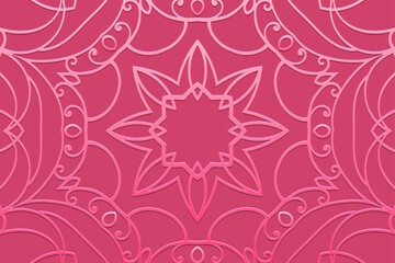 Embossed bright pink background, cover design, banner. Geometric fashionable floral 3D pattern. Tribal designs, arabesques, handmade. Ethnic style of the East, Asia, India, Mexico, Aztec, Peru.