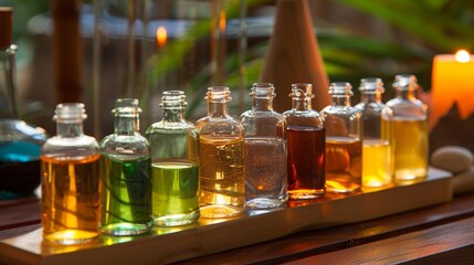 Various Essential Oils in Glass Bottles for a Serene Spa Setting and Facial Massage Benefits