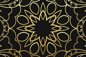 Embossed black background, cover design, banner. Geometric vintage gold floral 3D pattern. Tribal designs, arabesques, handmade. Ethnic style of the East, Asia, India, Mexico, Aztec, Peru.