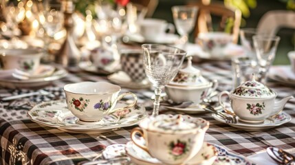 antique teacups, lace napkins and silver cutlery, on the mantelpiece and pictures. generative ai
