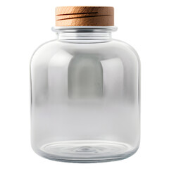 A transparent glass bottle with a round, bulbous shape and a natural cork stopper