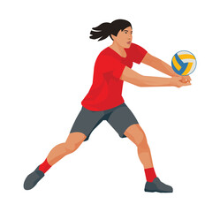 Fototapeta premium Girl figure of a Japanese women's volleyball player in a red sports uniform who hits or bumps the ball with hands
