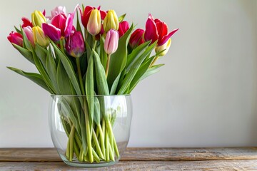 Fototapeta premium Colorful Tulip Bouquet in Glass Vase on Wooden Table