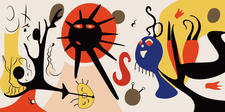 Surreal art illustration in Joan Miro style. Abstract Painting with Geometric Shapes.