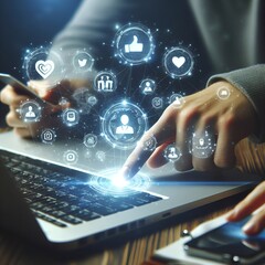 social media in hand, one hand clicking on virtual icon: concept of social media and networking growth. 