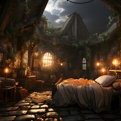 3d rendering of a fairy tale house in the forest at night