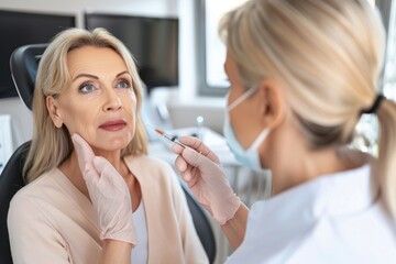 Cosmetic Consultation: Middle-Aged Woman Discussing Botox Treatment Plan with Professional Cosmetologist