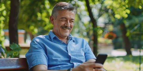 Happy senior man with smartphone on park bench for communication, connection, and social media. Mature retiree, smiling, technology for outdoor relaxation, digital games, and wellness