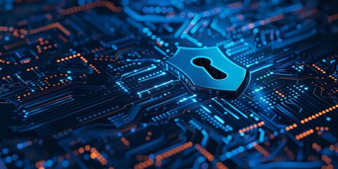 Lock, internet, and cybersecurity for cloud storage, AI, and coding. Blue, secure, private AI algorithm, quantum computing, and programming background connectivity.