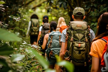 A group of friends hiking through a lush green forest, carrying backpacks and enjoying an outdoor adventure. Perfect for nature enthusiasts and travel photography.