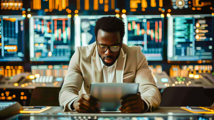 Professional businessman analyzing data on a tablet surrounded by digital screens in a modern office environment.