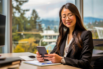 A young businesswoman sitting at her desk in a modern office, working on her smartphone while smiling.