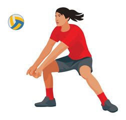 Figure of Asian women's volleyball girl player in red t-shirt who hits and pass the ball